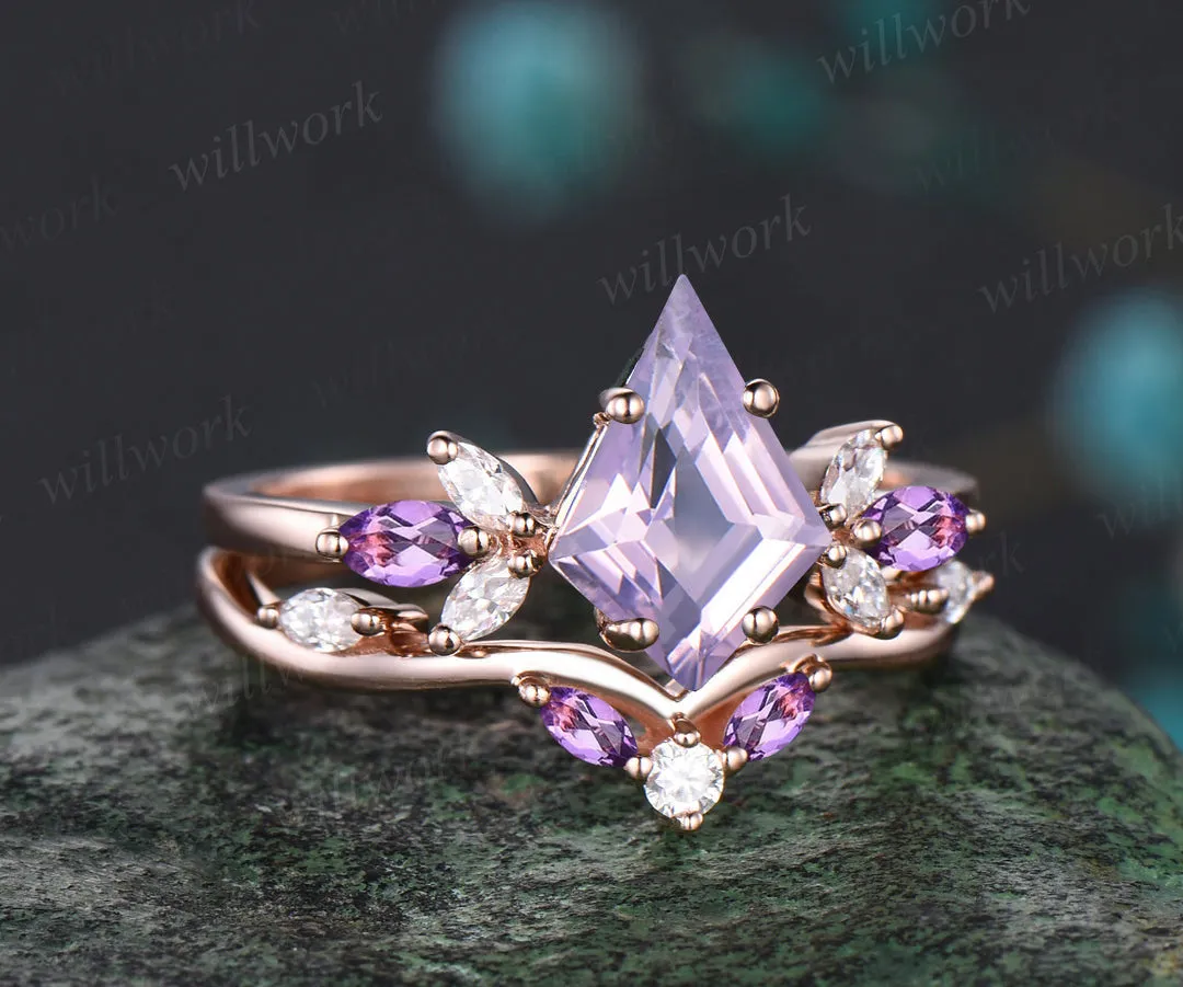 Kite cut Lavender amethyst ring set vintage opal moissanite cluster engagement ring curved matching band bridal set gifts sold by Willwork Jewelry product image thumbnail 2