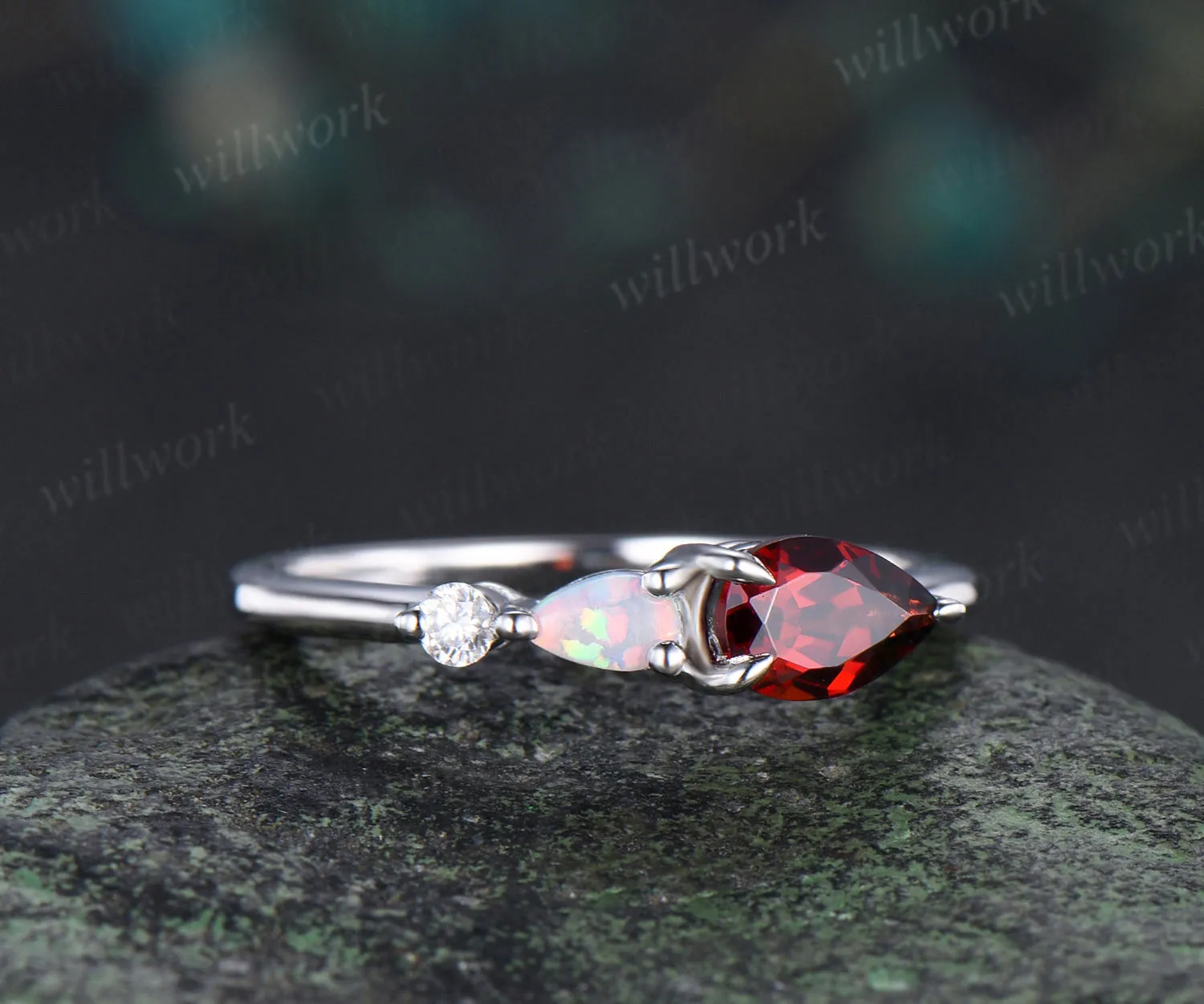 Each to west pear garnet ring dainty three stone opal engagement ring minimalist garnet ring for women jewelry gifts sold by Willwork Jewelry product image thumbnail 2