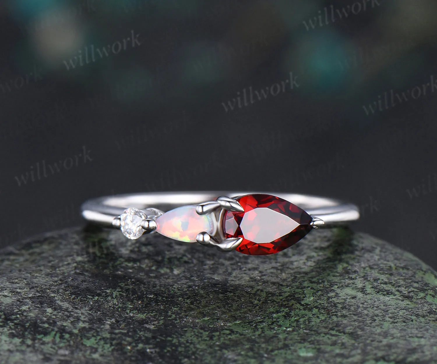 Each to west pear garnet ring dainty three stone opal engagement ring minimalist garnet ring for women jewelry gifts sold by Willwork Jewelry