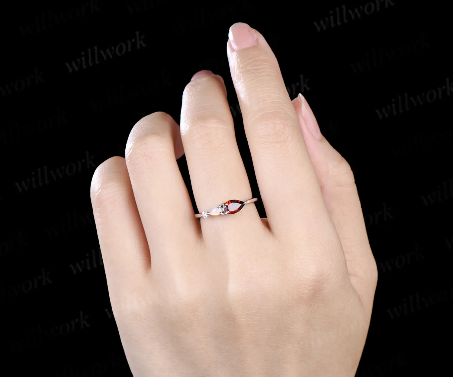 Each to west pear garnet ring dainty three stone opal engagement ring minimalist garnet ring for women jewelry gifts sold by Willwork Jewelry product image thumbnail 3