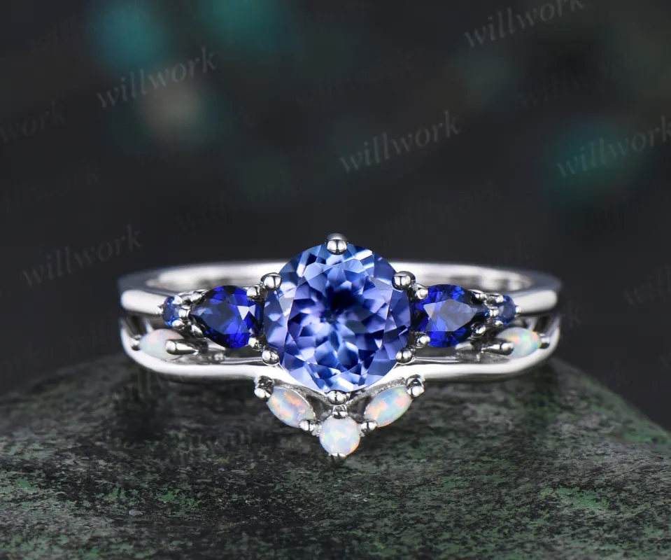 Vintage round cut tanzanite engagement ring set five stones sapphire ring curved opal band bridal set gifts for her made by Willwork Jewelry