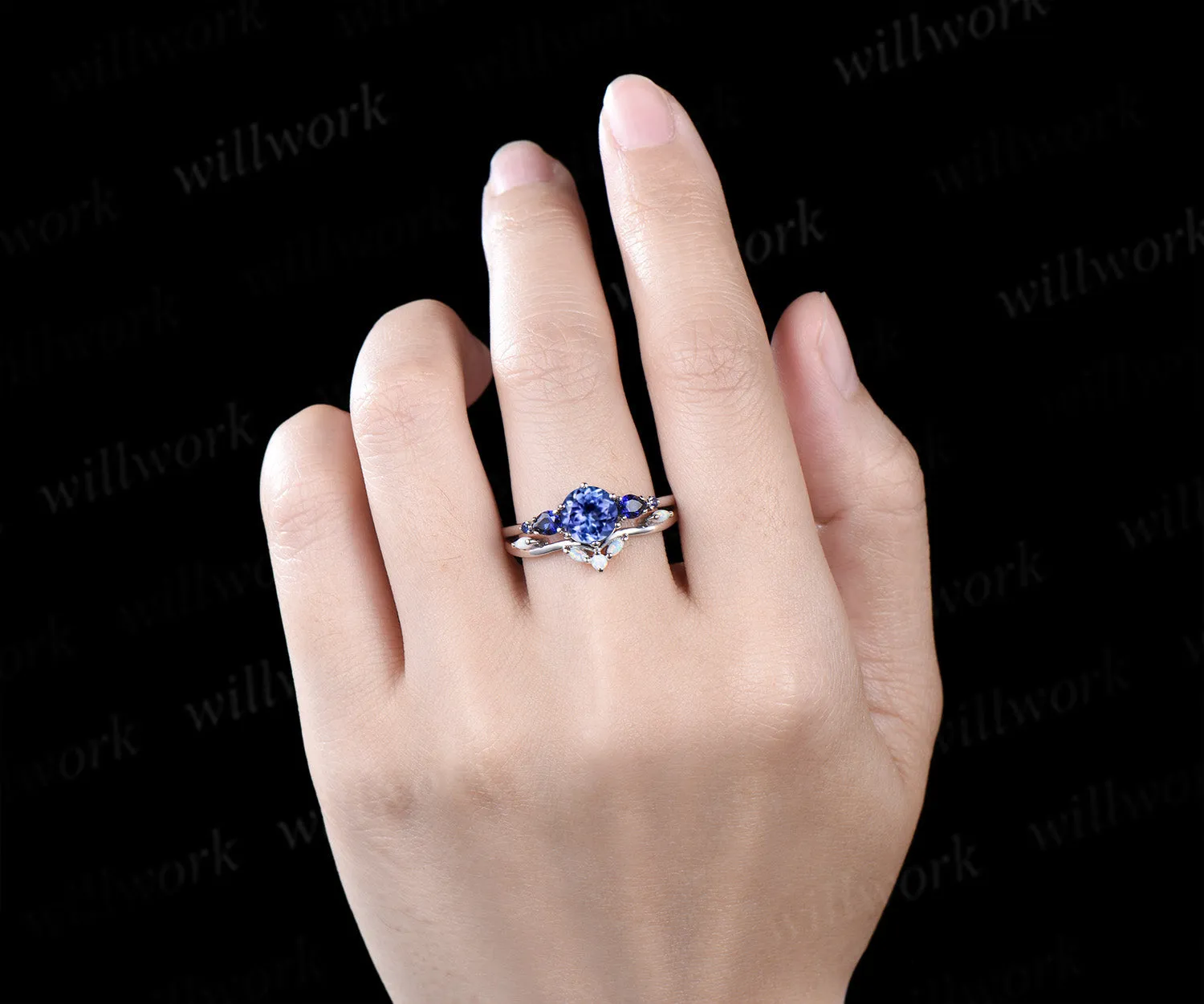 Vintage round cut tanzanite engagement ring set five stones sapphire ring curved opal band bridal set gifts for her sold by Willwork Jewelry product image thumbnail 2