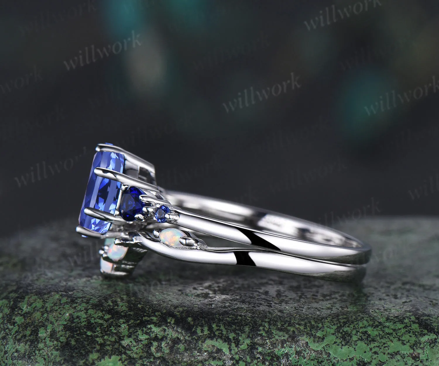 Vintage round cut tanzanite engagement ring set five stones sapphire ring curved opal band bridal set gifts for her sold by Willwork Jewelry product image thumbnail 5