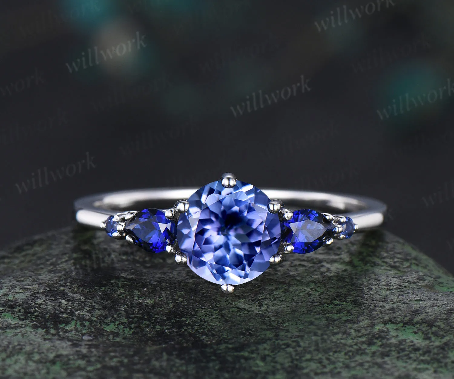 Vintage round cut tanzanite engagement ring set five stones sapphire ring curved opal band bridal set gifts for her sold by Willwork Jewelry product image thumbnail 4