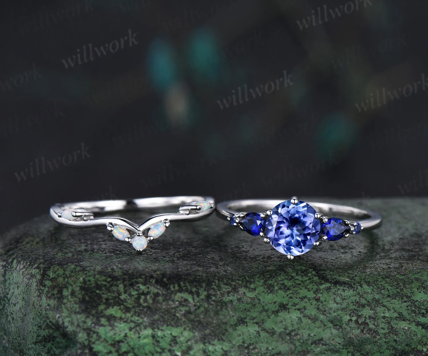 Vintage round cut tanzanite engagement ring set five stones sapphire ring curved opal band bridal set gifts for her sold by Willwork Jewelry product image thumbnail 3