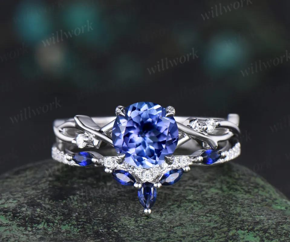Round natural tanzanite engagement ring set art deco five stone twig moissanite ring curved sapphire wedding band birthstone jewelry made by Willwork Jewelry