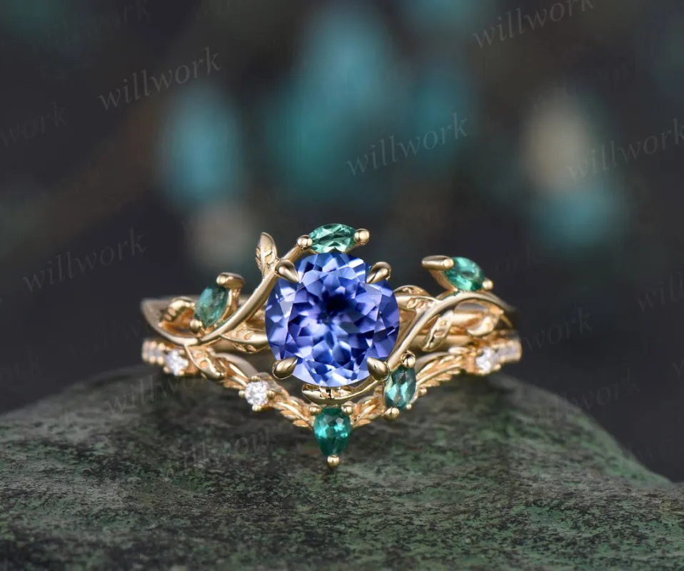 Vintage round cut tanzanite engagement ring solid yellow gold emerald leaf nature inspired moissanite bridal set promise wedding ring made by Willwork Jewelry