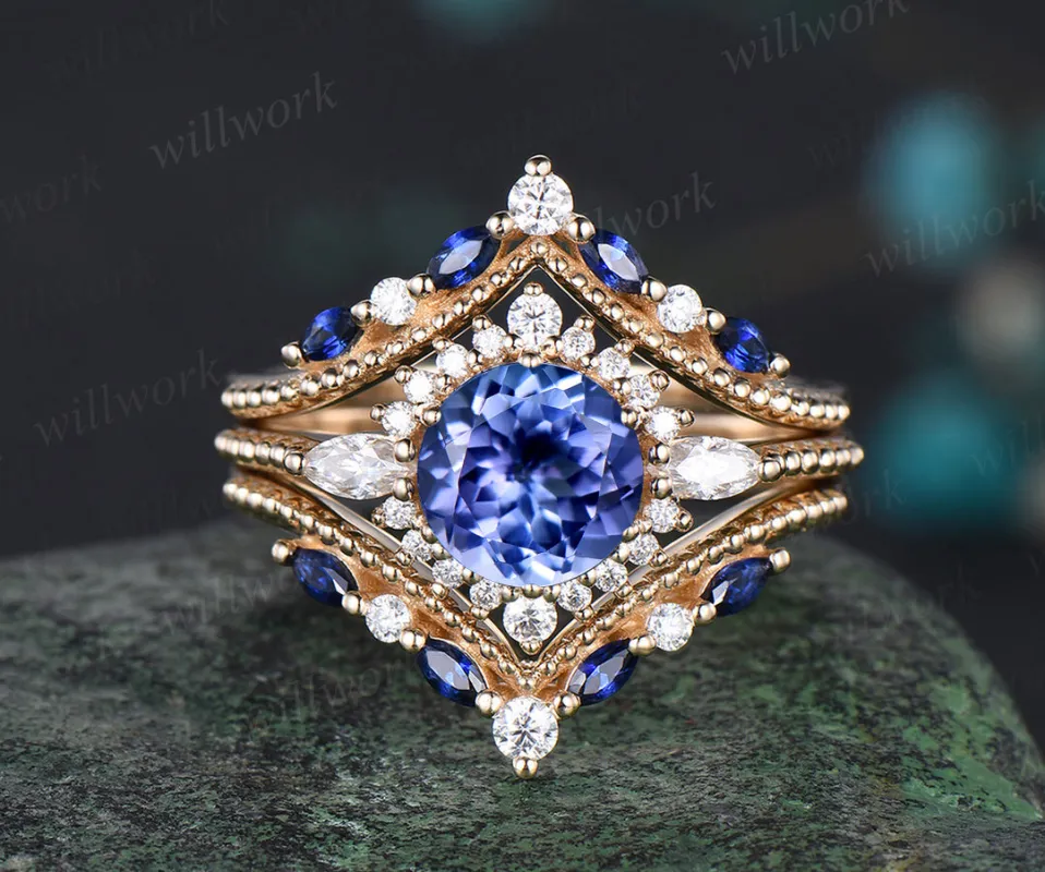 Vintage round natural tanzanite ring set unique moissanite halo milgrain ring curved matching bands yellow gold bridal set made by Willwork Jewelry