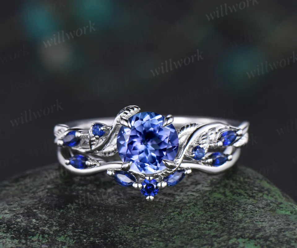 6.5mm round cut tanzanite engagement ring set nature inspired leaf vine ring blue sapphire curved band solid white gold bridal set made by Willwork Jewelry