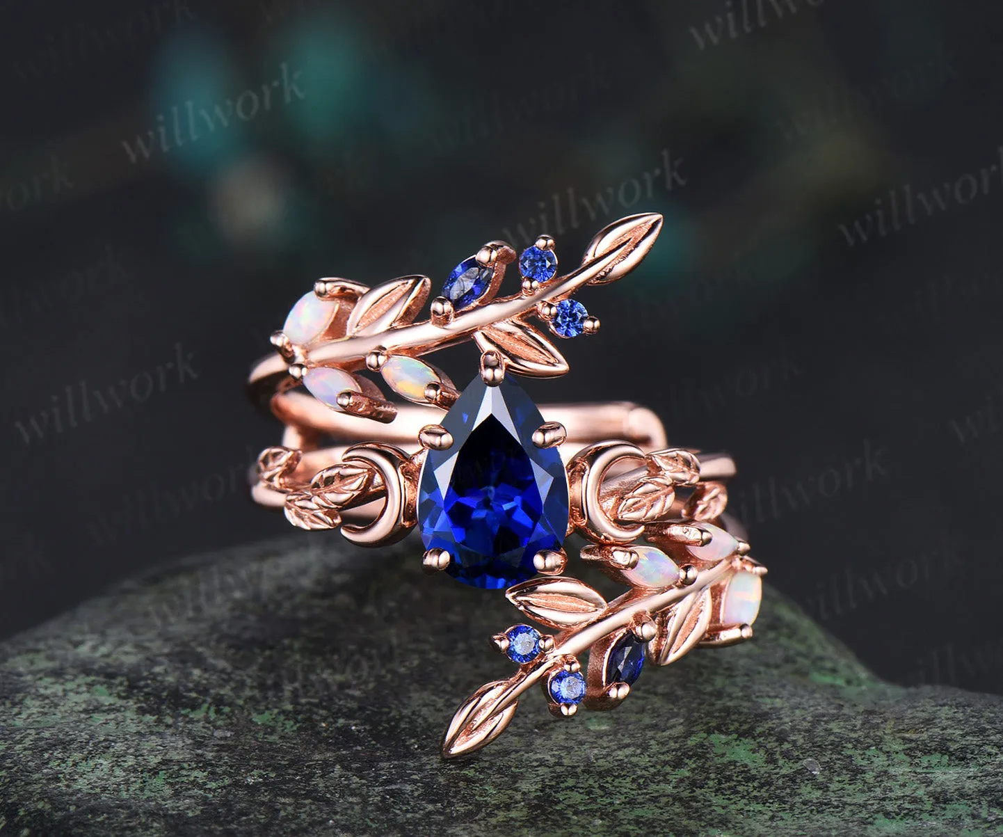 Vintage Pear Blue Sapphire Leaf Ring Set & Tungsten Galaxy Nebula Men Blue Sandstone Band Couple Ring Set sold by Willwork Jewelry product image thumbnail 3