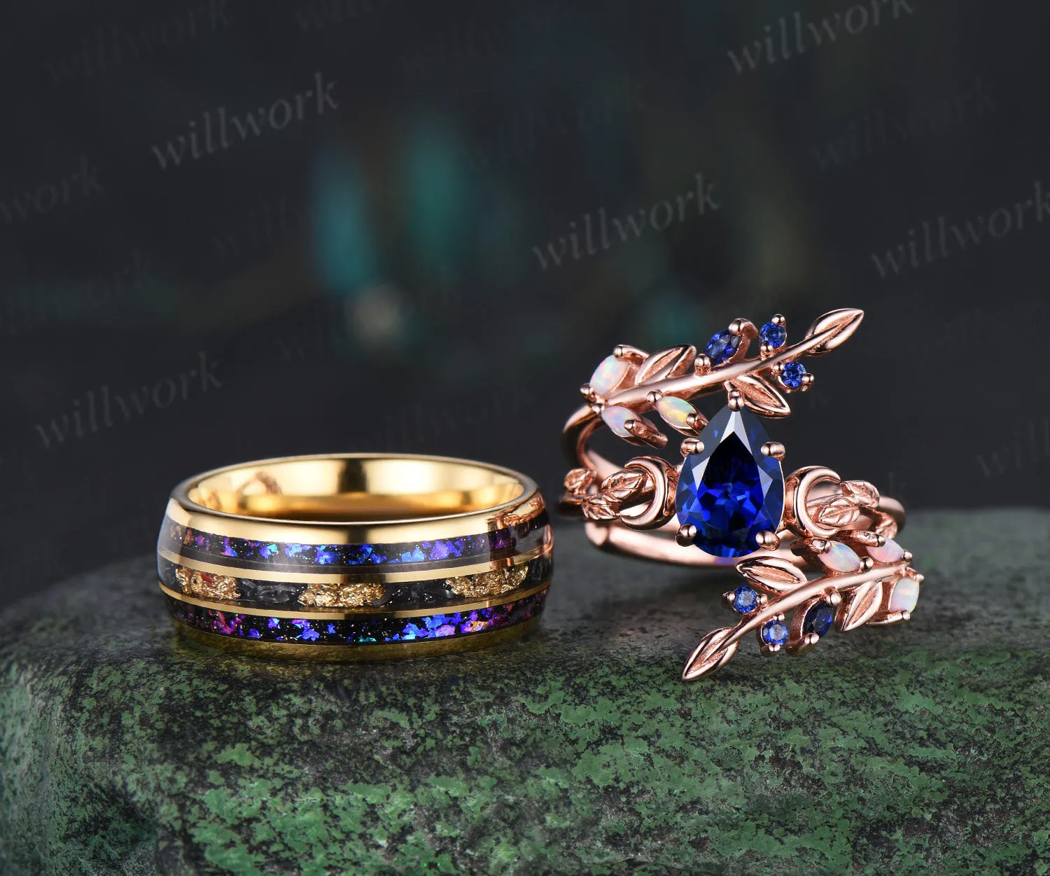 Vintage Pear Blue Sapphire Leaf Ring Set & Tungsten Galaxy Nebula Men Blue Sandstone Band Couple Ring Set sold by Willwork Jewelry product image thumbnail 4