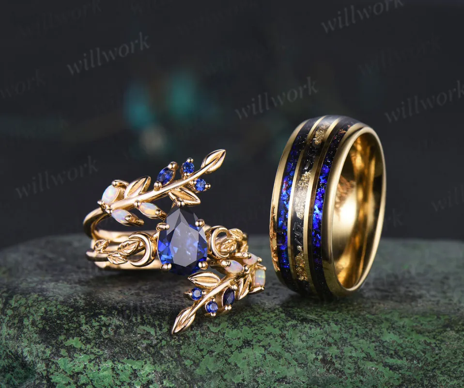 Vintage Pear Blue Sapphire Leaf Ring Set & Tungsten Galaxy Nebula Men Blue Sandstone Band Couple Ring Set sold by Willwork Jewelry