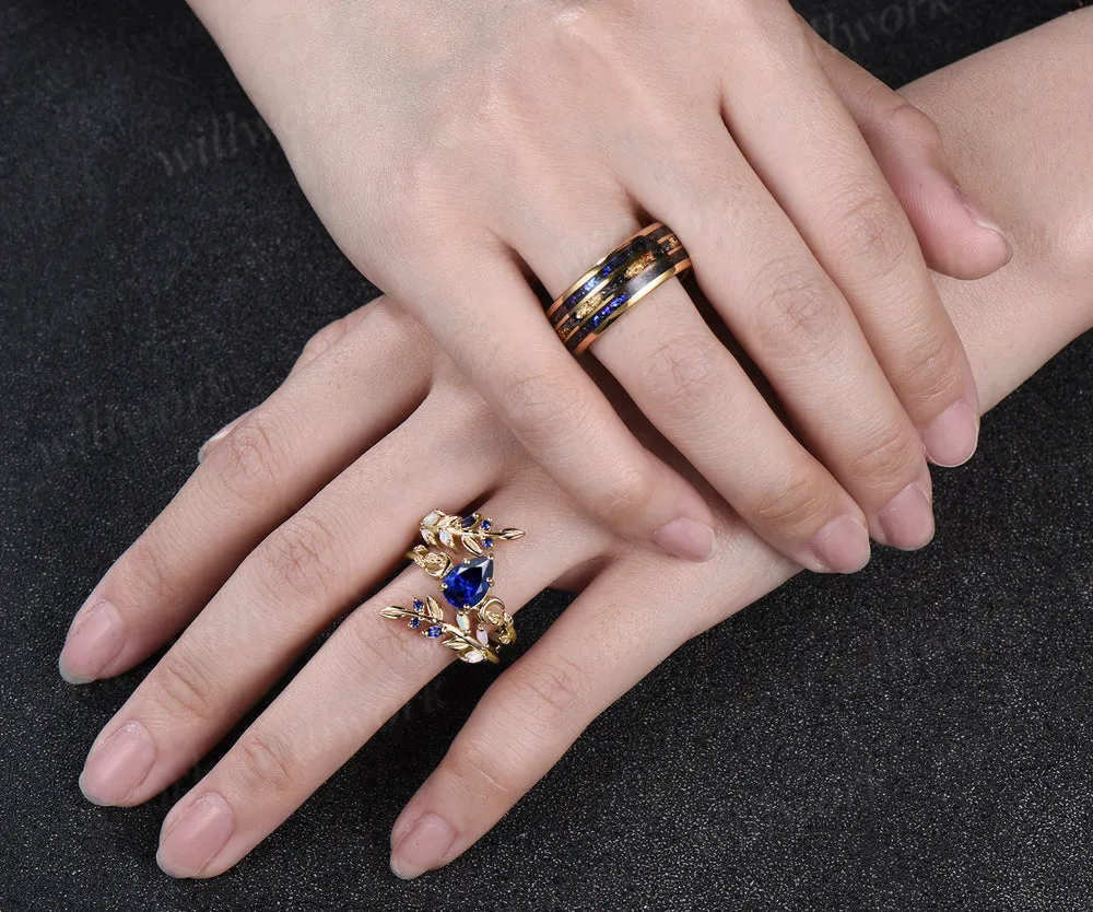 Vintage Pear Blue Sapphire Leaf Ring Set & Tungsten Galaxy Nebula Men Blue Sandstone Band Couple Ring Set sold by Willwork Jewelry product image thumbnail 2