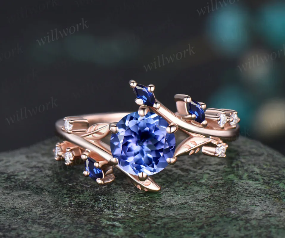 Round natural tanzanite engagement ring art deco blue sapphire moissanite leaf vine twig ring nature inspired bridal ring made by Willwork Jewelry