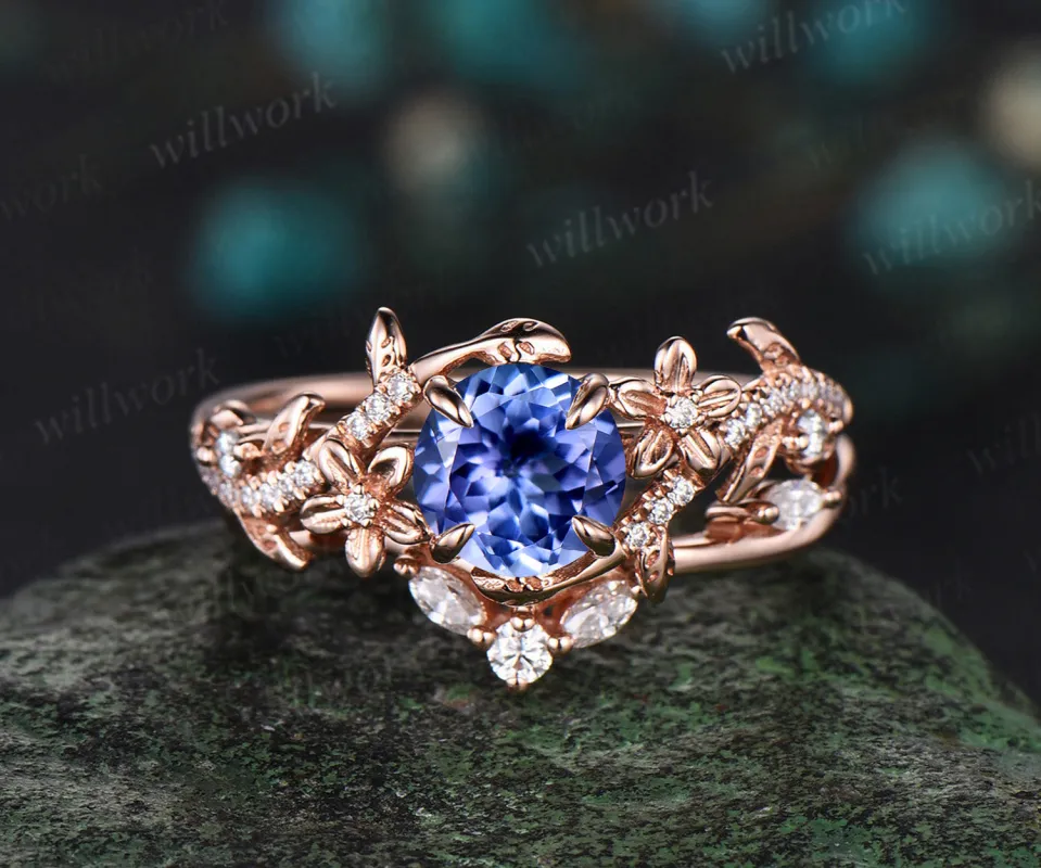 6.5mm round cut tanzanite engagement ring set floral twig leaf ring curved diamond wedding band nature inspired bridal set made by Willwork Jewelry
