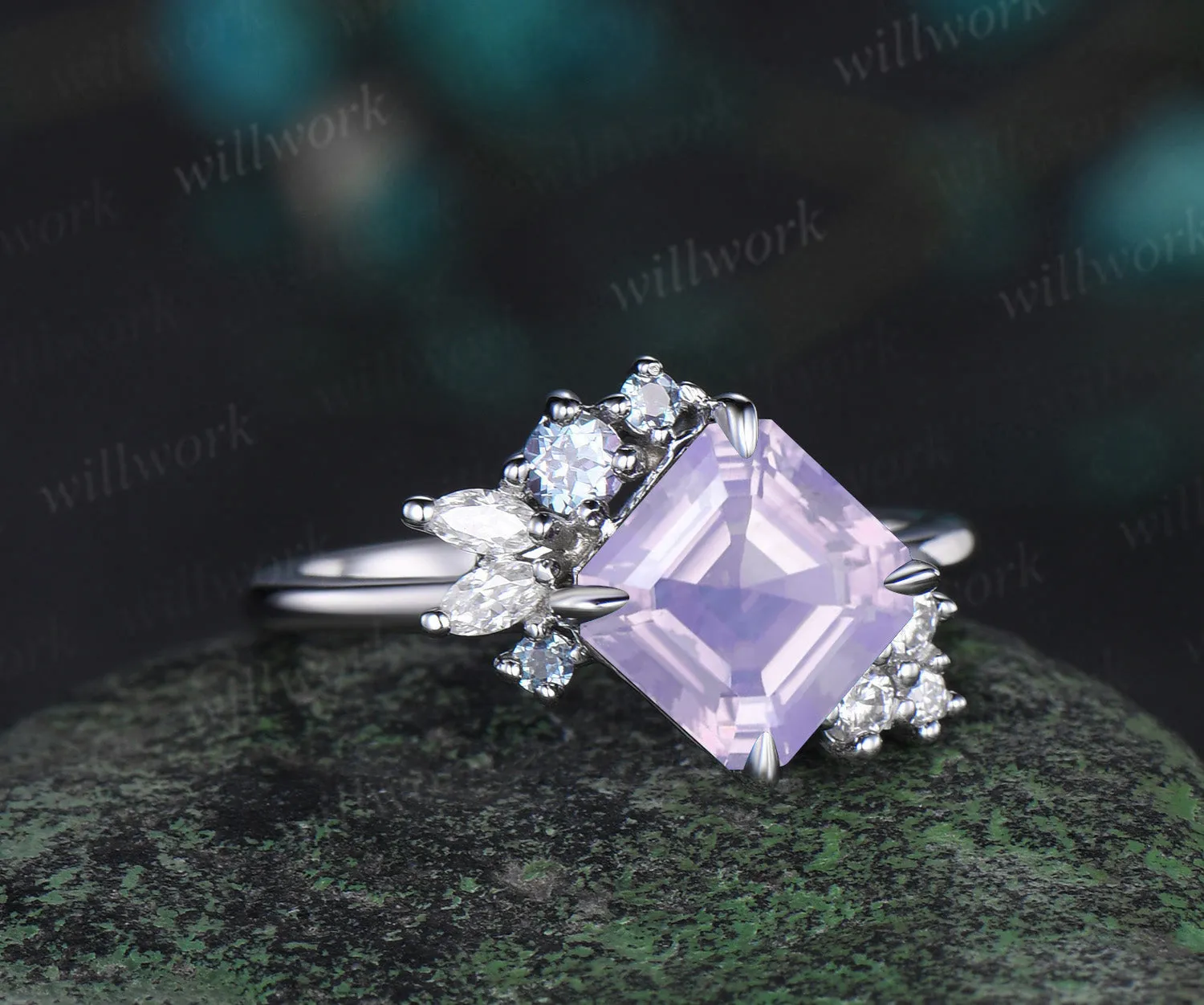 Unique Asscher cut lavender amethyst engagement ring alexandrite diamond cluster proposal ring crystal wedding ring for women sold by Willwork Jewelry product image thumbnail 2