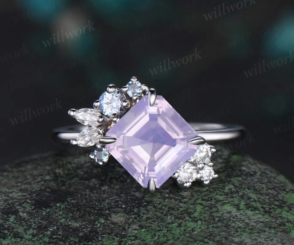 Unique Asscher cut lavender amethyst engagement ring alexandrite diamond cluster proposal ring crystal wedding ring for women sold by Willwork Jewelry