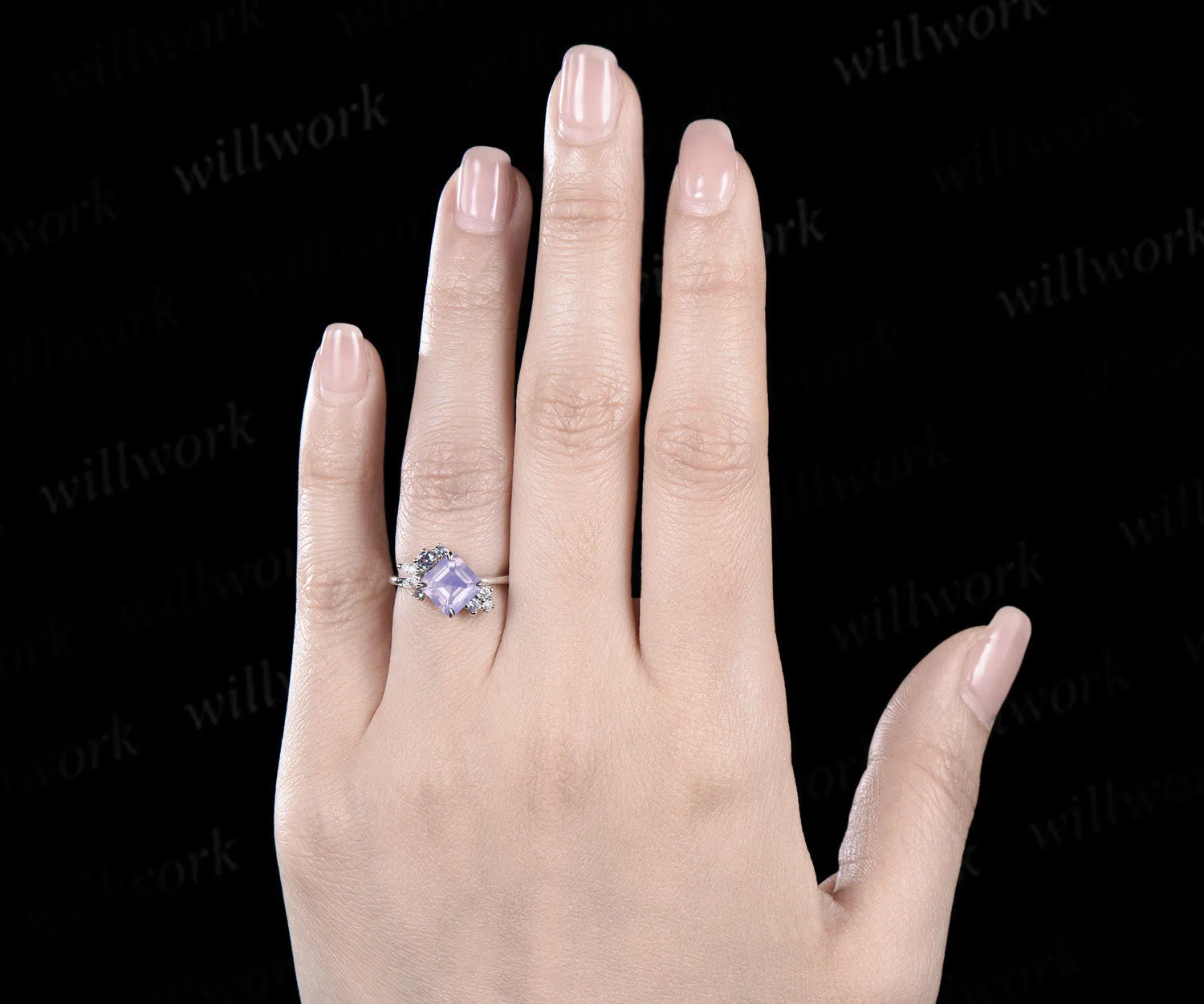 Unique Asscher cut lavender amethyst engagement ring alexandrite diamond cluster proposal ring crystal wedding ring for women sold by Willwork Jewelry product image thumbnail 3