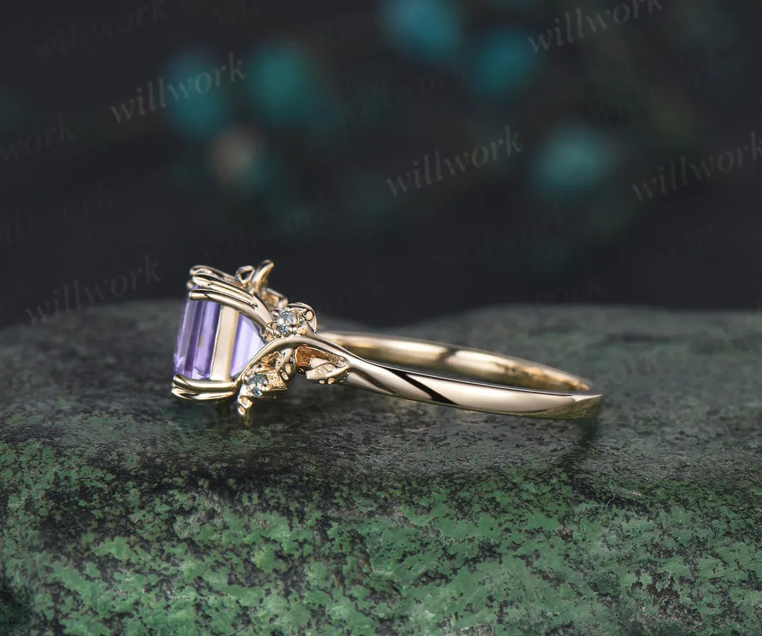 Asscher cut lavender amethyst engagement ring swiss blue topaz leaf branch ring unique nature inspired wedding ring for women sold by Willwork Jewelry product image thumbnail 5