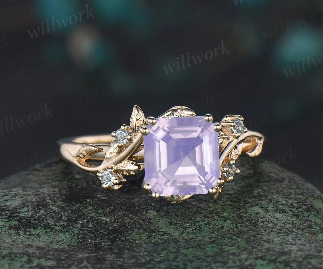 Asscher cut lavender amethyst engagement ring swiss blue topaz leaf branch ring unique nature inspired wedding ring for women sold by Willwork Jewelry product image thumbnail 2