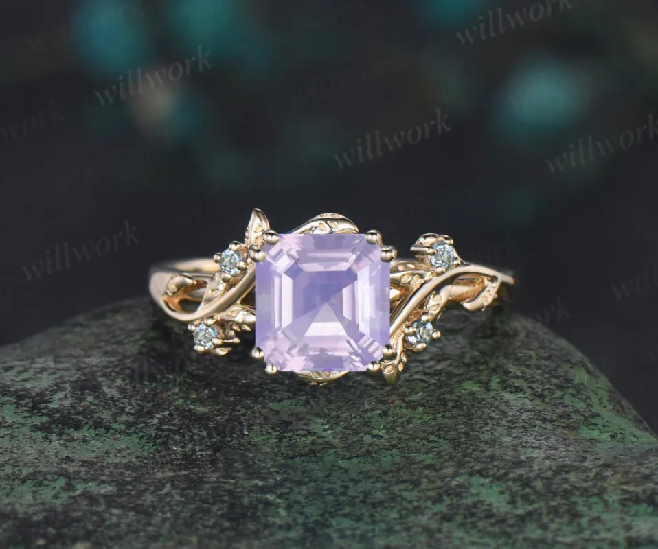 Asscher cut lavender amethyst engagement ring swiss blue topaz leaf branch ring unique nature inspired wedding ring for women sold by Willwork Jewelry