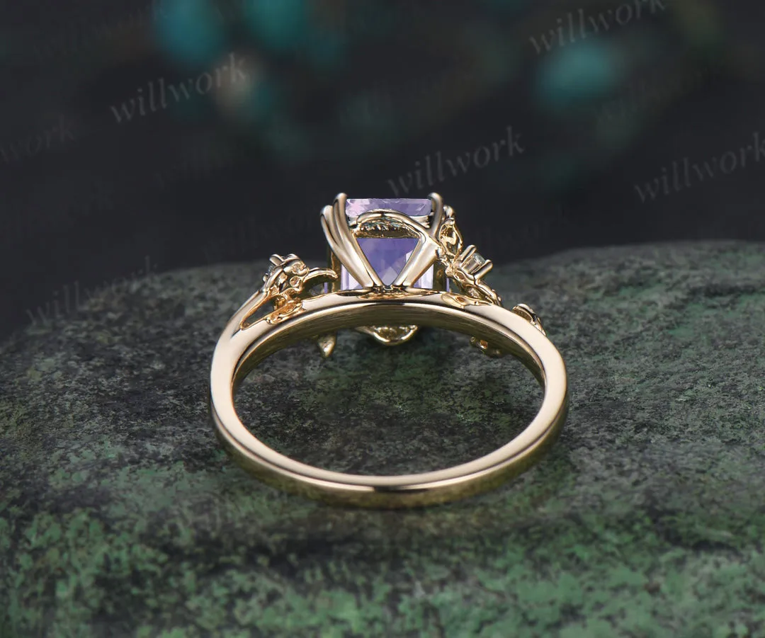 Asscher cut lavender amethyst engagement ring swiss blue topaz leaf branch ring unique nature inspired wedding ring for women sold by Willwork Jewelry product image thumbnail 4