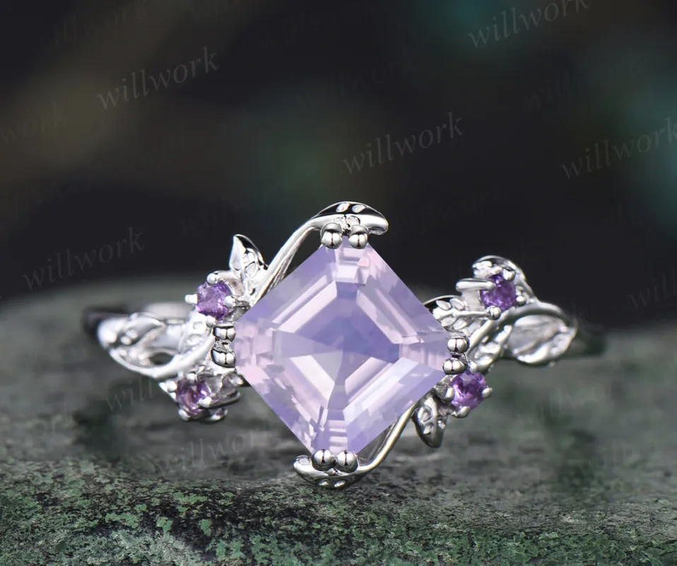 Asscher cut lavender amethyst engagement ring vintage leaf twig amethyst wedding ring nature inspired promise ring gifts for her sold by Willwork Jewelry