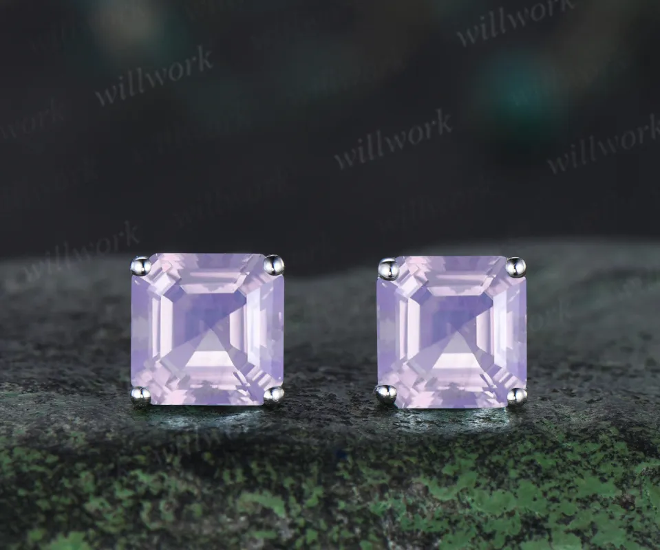 Solitaire asscher cut lavender earrings minimalist crystal stud earrings unique wedding anniversary birthday gifts made by Willwork Jewelry