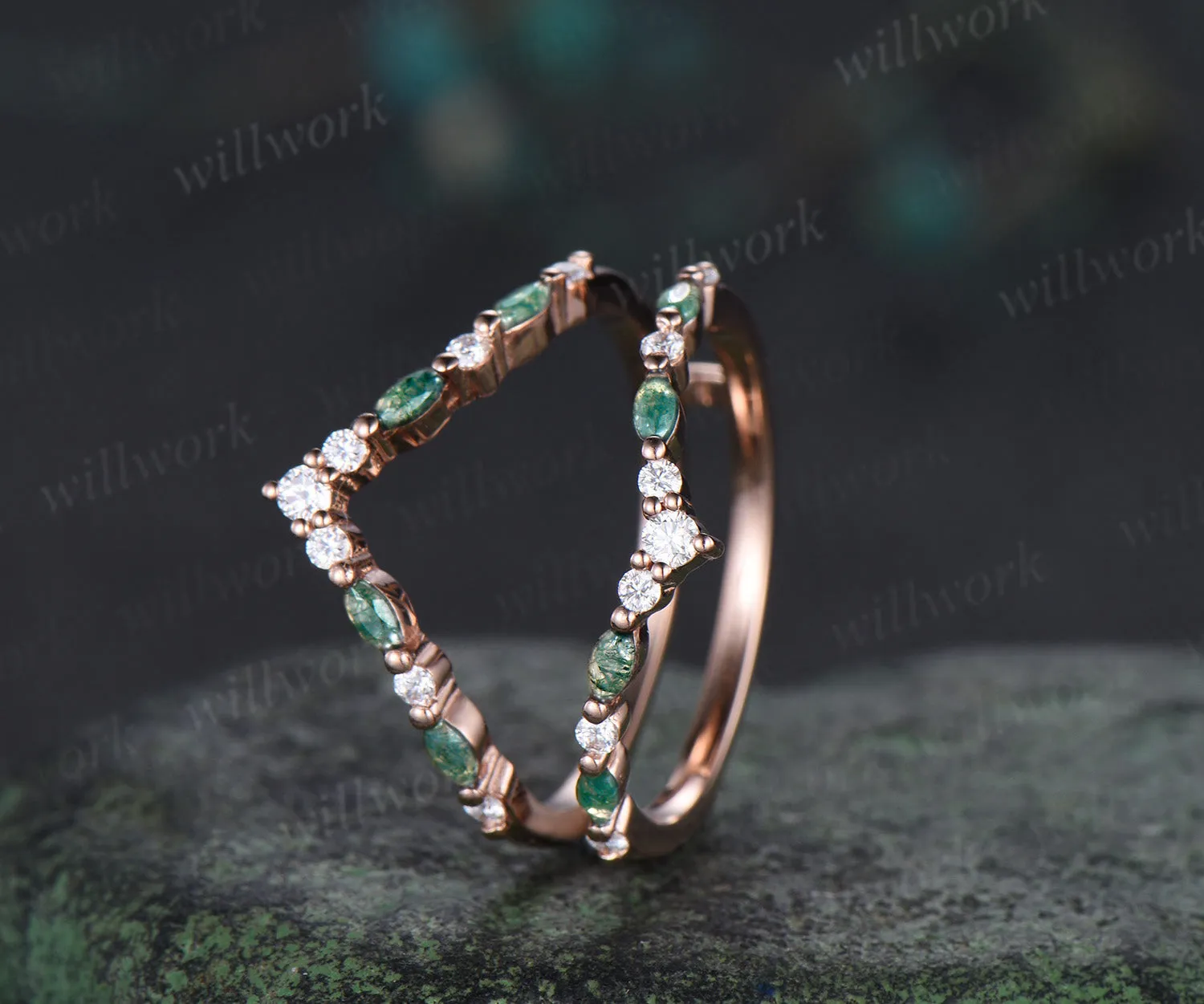 Double curved moss agate moissanite wedding band enhancer 14K rose gold unique stackable ring bridal gifts sold by Willwork Jewelry product image thumbnail 5