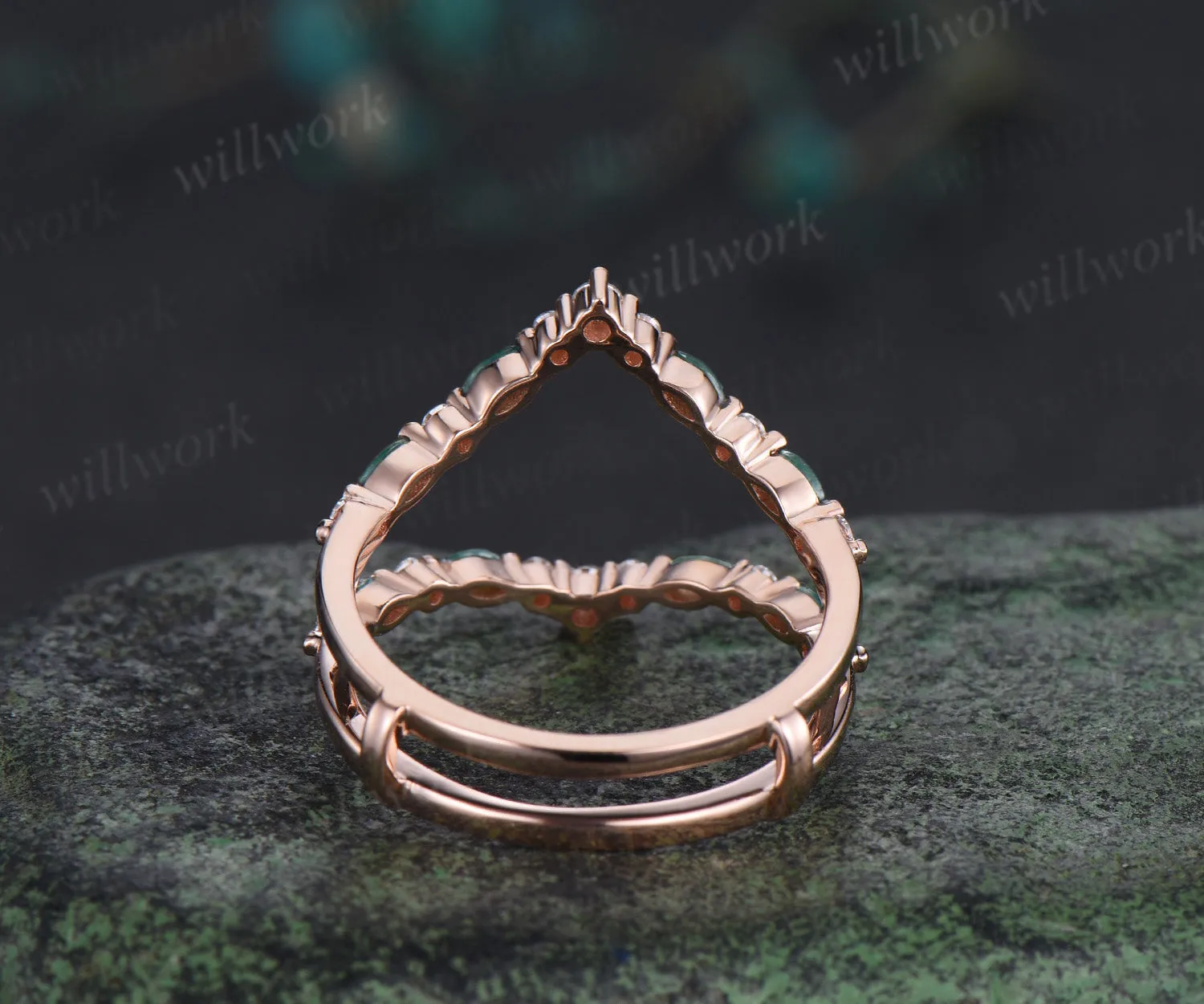 Double curved moss agate moissanite wedding band enhancer 14K rose gold unique stackable ring bridal gifts sold by Willwork Jewelry product image thumbnail 3