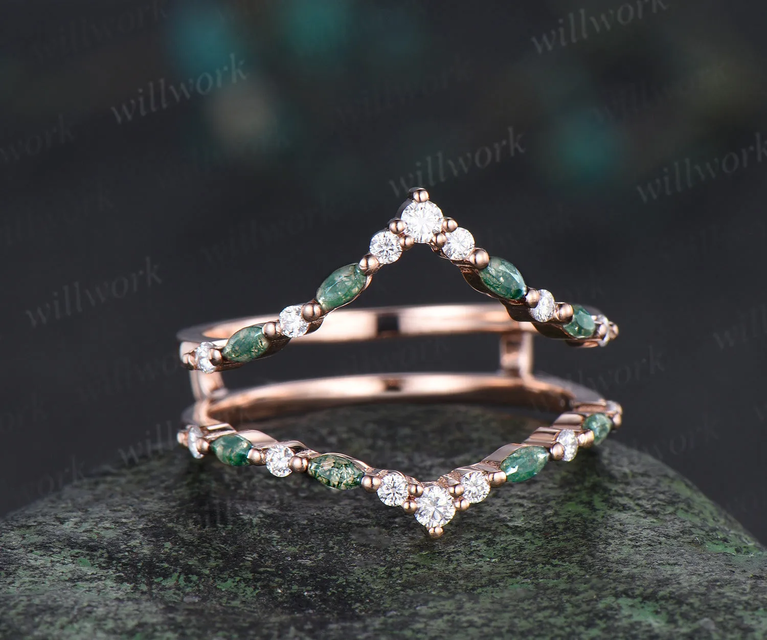 Double curved moss agate moissanite wedding band enhancer 14K rose gold unique stackable ring bridal gifts sold by Willwork Jewelry product image thumbnail 2