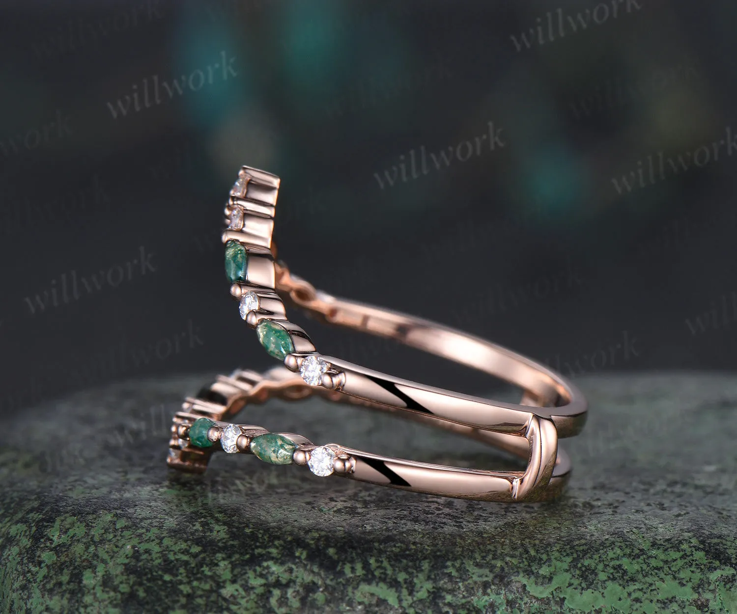 Double curved moss agate moissanite wedding band enhancer 14K rose gold unique stackable ring bridal gifts sold by Willwork Jewelry product image thumbnail 4