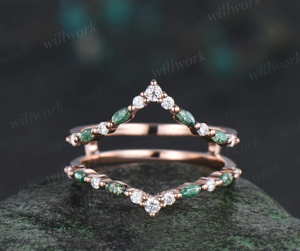 Double curved moss agate moissanite wedding band enhancer 14K rose gold unique stackable ring bridal gifts made by Willwork Jewelry