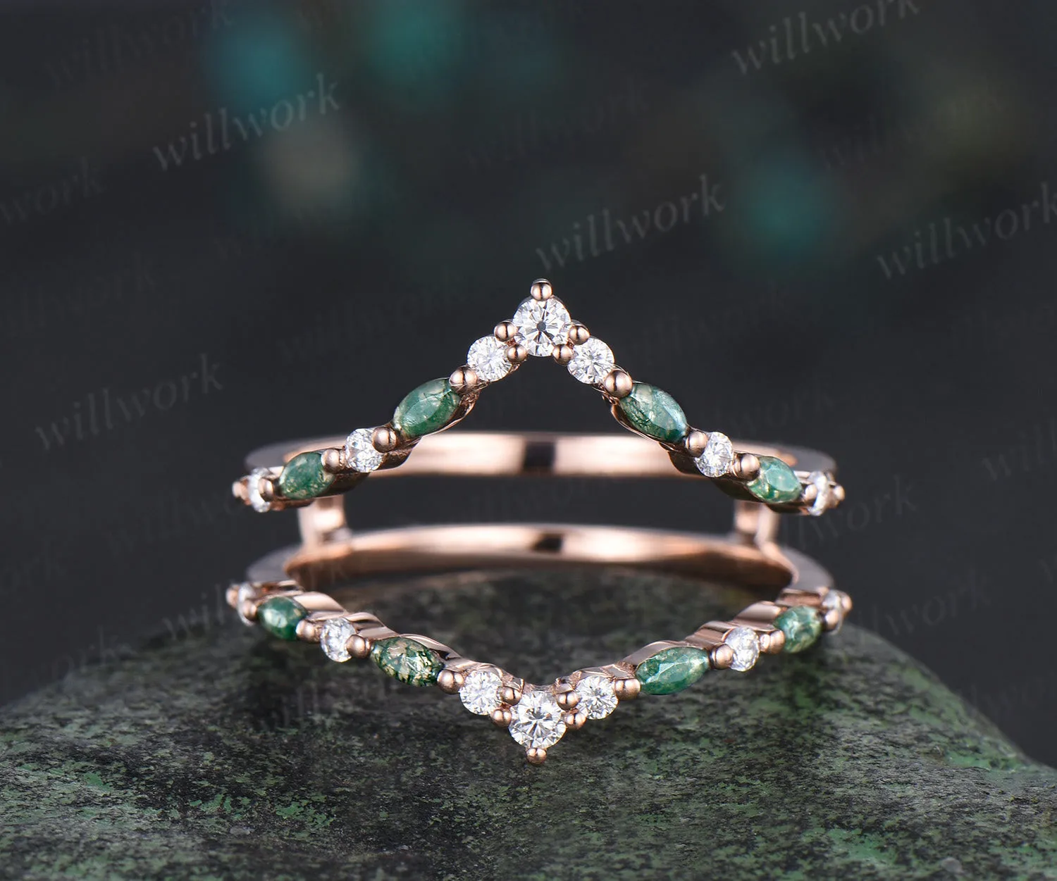 Double curved moss agate moissanite wedding band enhancer 14K rose gold unique stackable ring bridal gifts sold by Willwork Jewelry