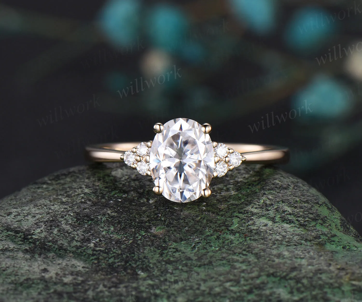 Oval moissanite cluster engagement ring celtic knot diamonds twig curved band solid yellow gold 3pc bridal set sold by Willwork Jewelry product image thumbnail 4