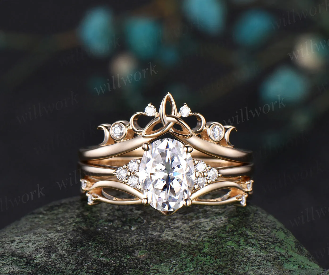 Oval moissanite cluster engagement ring celtic knot diamonds twig curved band solid yellow gold 3pc bridal set sold by Willwork Jewelry