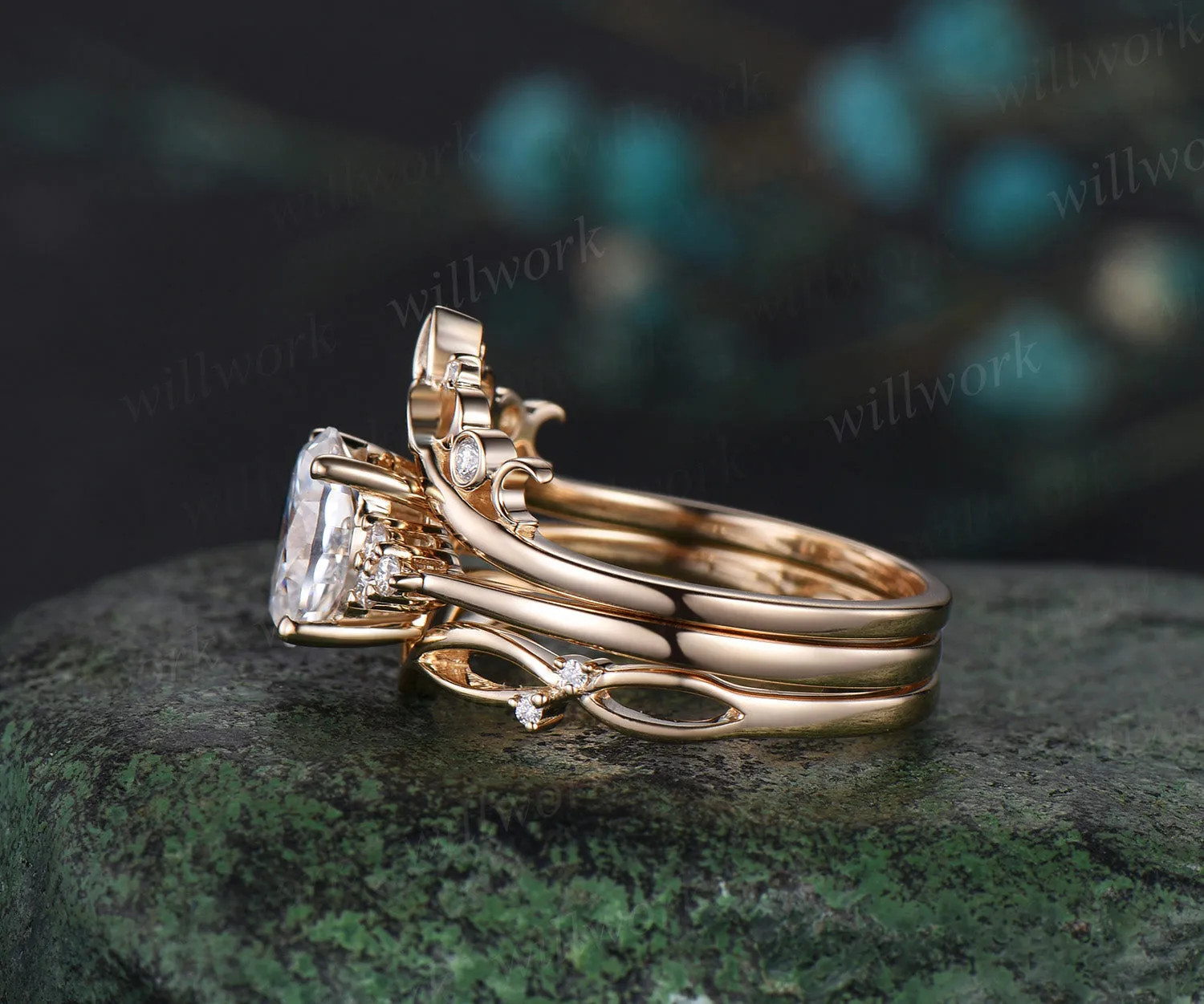 Oval moissanite cluster engagement ring celtic knot diamonds twig curved band solid yellow gold 3pc bridal set sold by Willwork Jewelry product image thumbnail 5