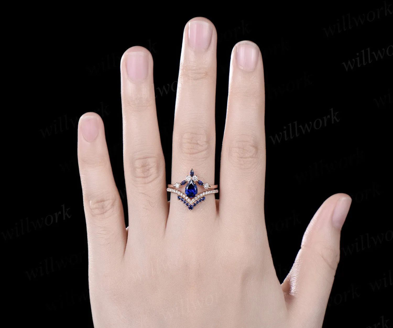 Vintage pear cut sapphire engagement ring set crown V-shape marquise sapphire diamond wedding band solid rose gold rings for women sold by Willwork Jewelry product image thumbnail 2