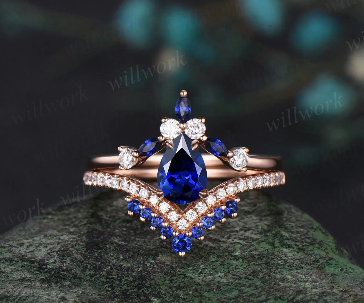 Vintage pear cut sapphire engagement ring set crown V-shape marquise sapphire diamond wedding band solid rose gold rings for women sold by Willwork Jewelry