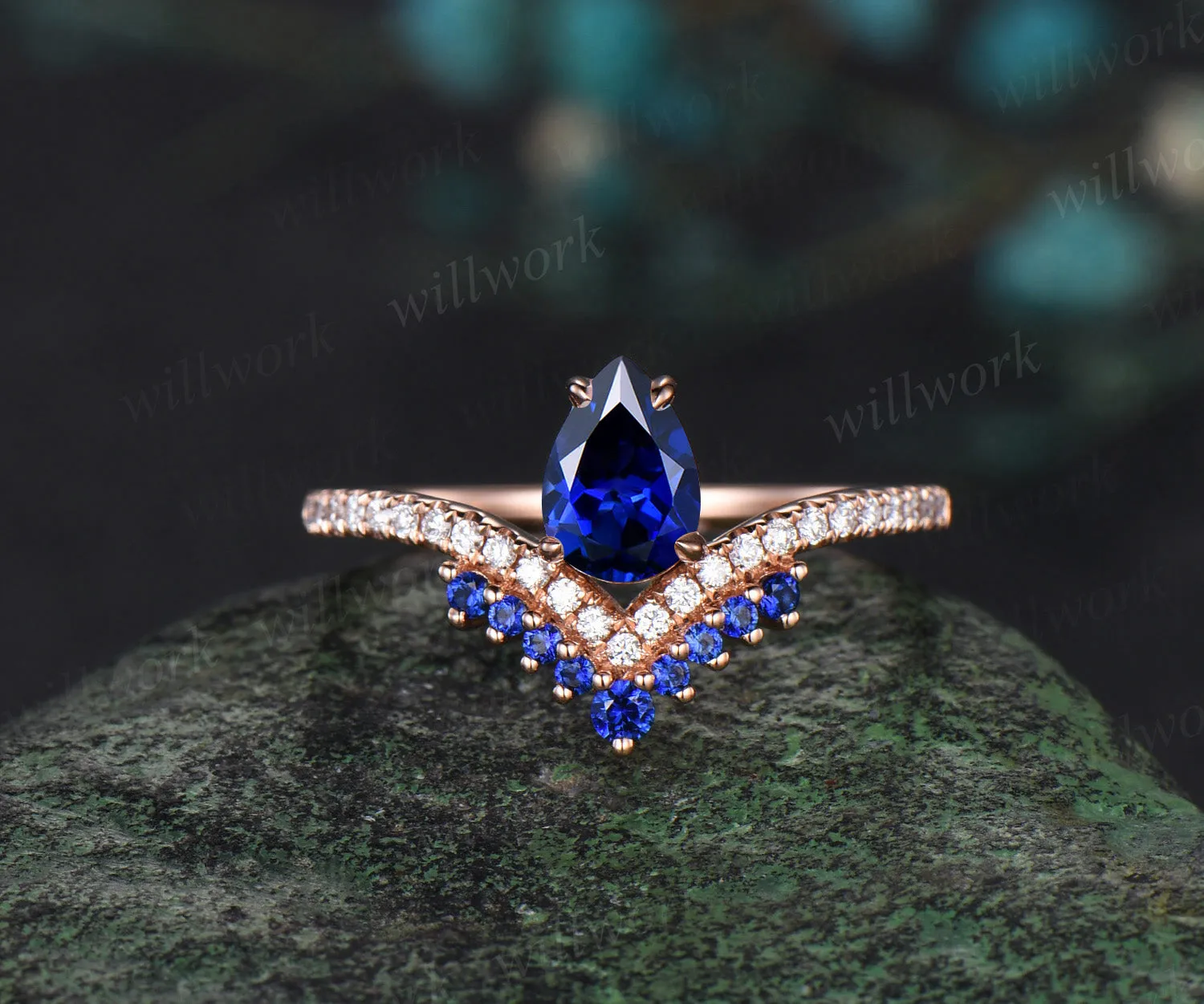 Vintage pear cut sapphire engagement ring set crown V-shape marquise sapphire diamond wedding band solid rose gold rings for women sold by Willwork Jewelry product image thumbnail 4