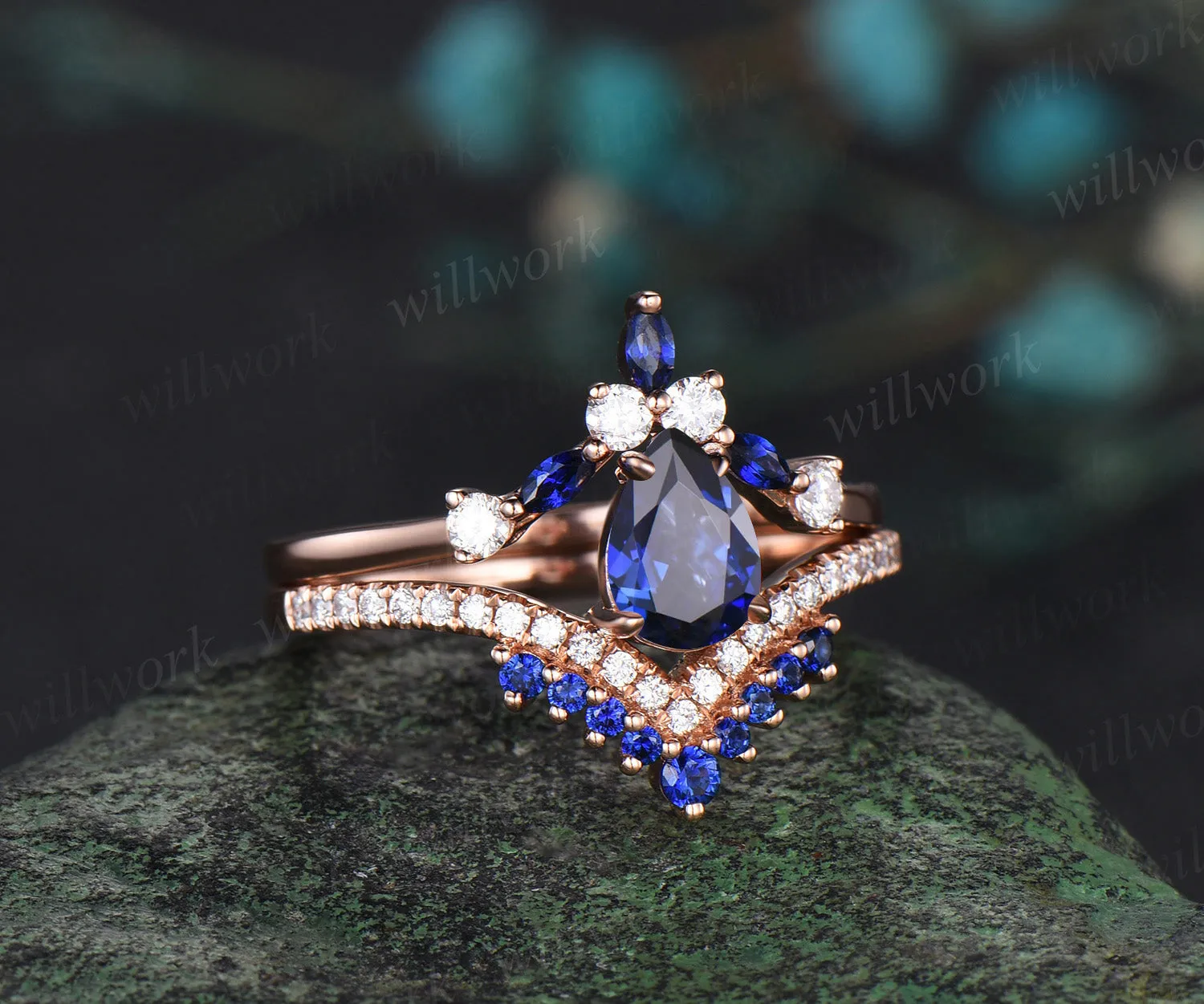 Vintage pear cut sapphire engagement ring set crown V-shape marquise sapphire diamond wedding band solid rose gold rings for women sold by Willwork Jewelry product image thumbnail 3