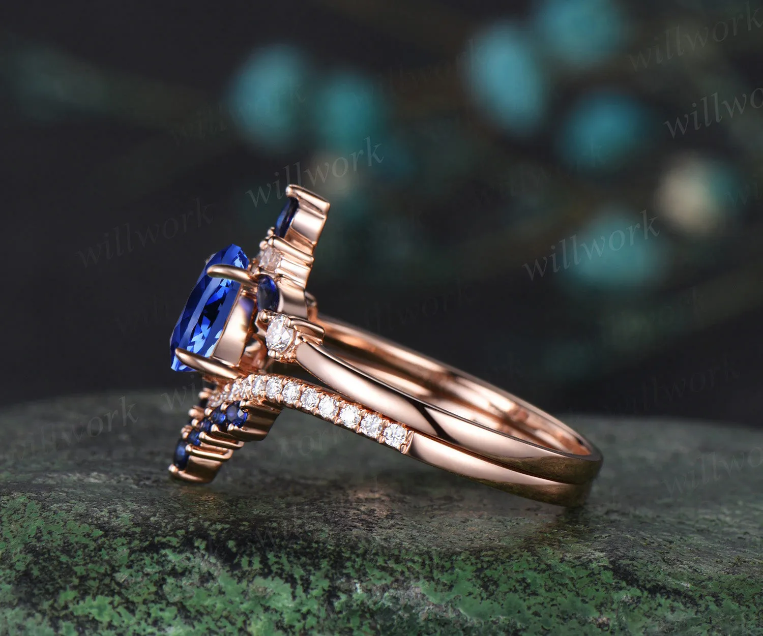 Vintage pear cut sapphire engagement ring set crown V-shape marquise sapphire diamond wedding band solid rose gold rings for women sold by Willwork Jewelry product image thumbnail 5