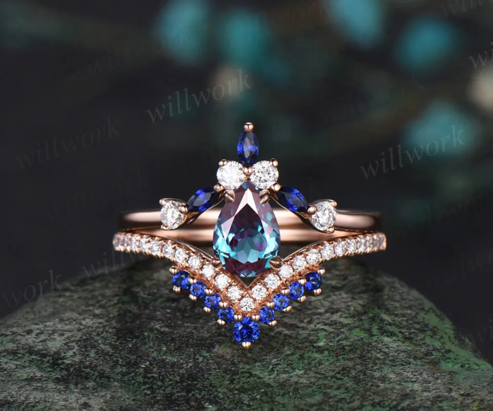 5x7mm pear cut Alexandrite engagement ring set half eternity diamond sapphires ring curved V shape matching band regal bridal set sold by Willwork Jewelry