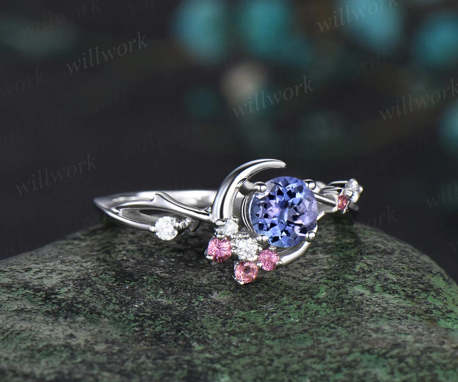 5mm round tanzanite engagement ring moon star twig ring pink tourmaline diamond cluster ring December birthstone bridal gifts sold by Willwork Jewelry product image thumbnail 3