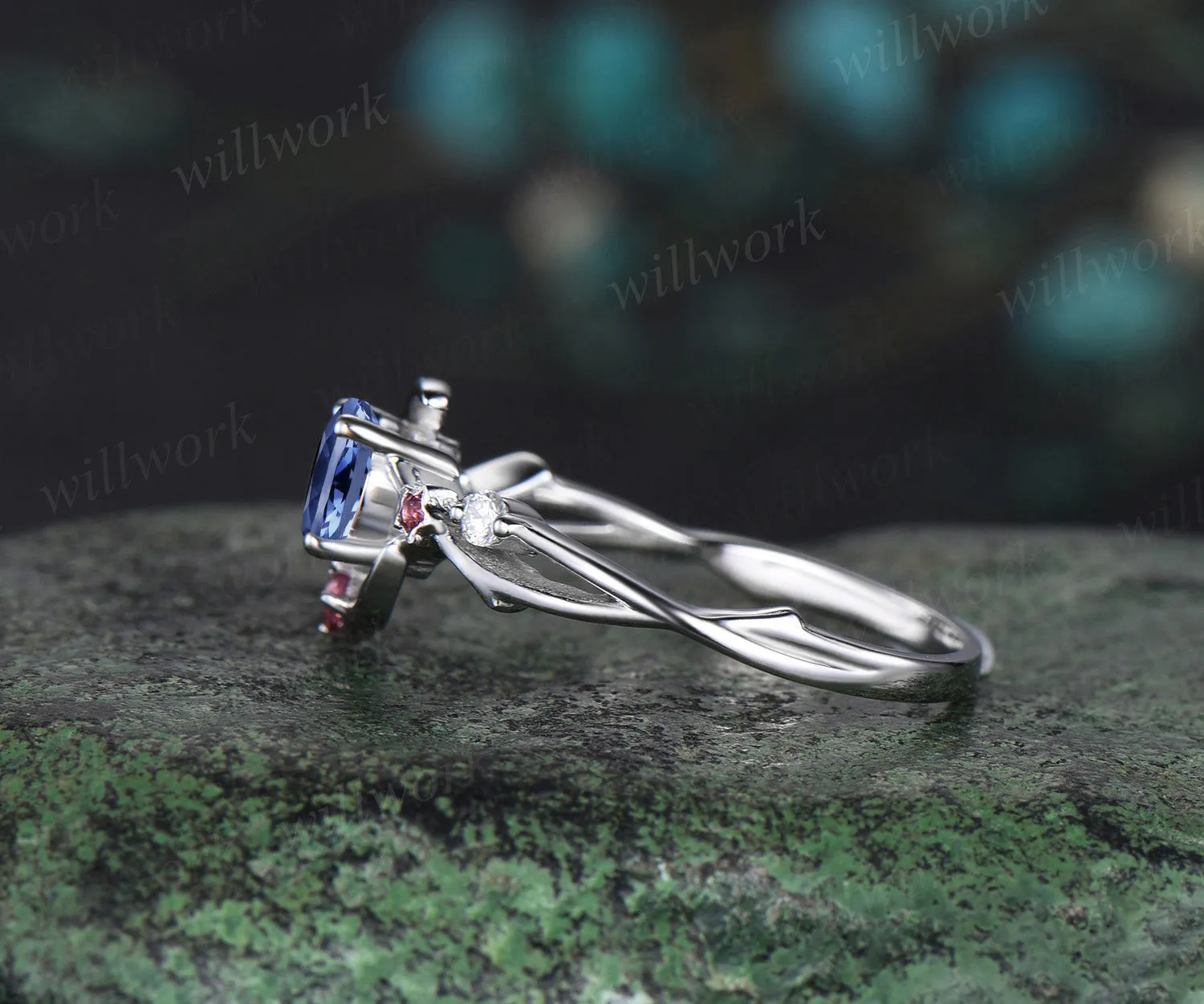 5mm round tanzanite engagement ring moon star twig ring pink tourmaline diamond cluster ring December birthstone bridal gifts sold by Willwork Jewelry product image thumbnail 4
