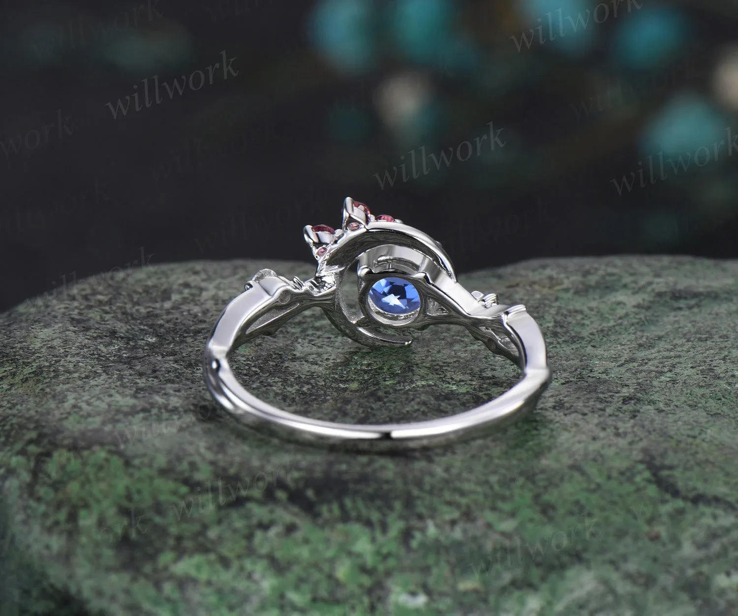 5mm round tanzanite engagement ring moon star twig ring pink tourmaline diamond cluster ring December birthstone bridal gifts sold by Willwork Jewelry product image thumbnail 5