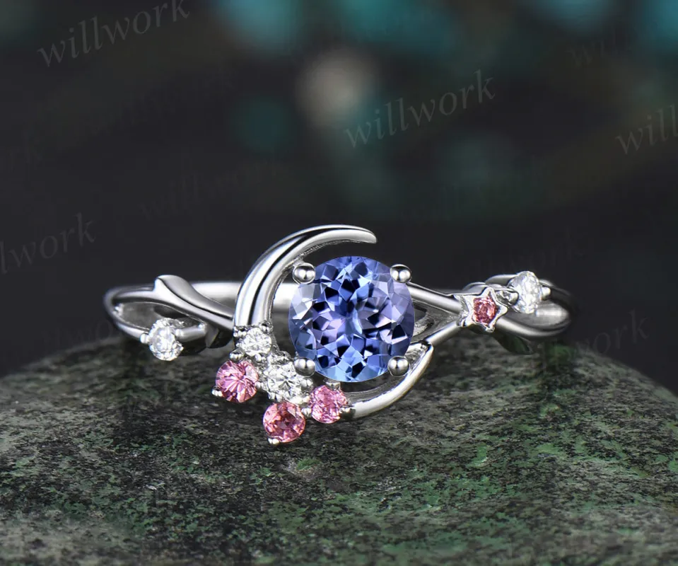 5mm round tanzanite engagement ring moon star twig ring pink tourmaline diamond cluster ring December birthstone bridal gifts made by Willwork Jewelry