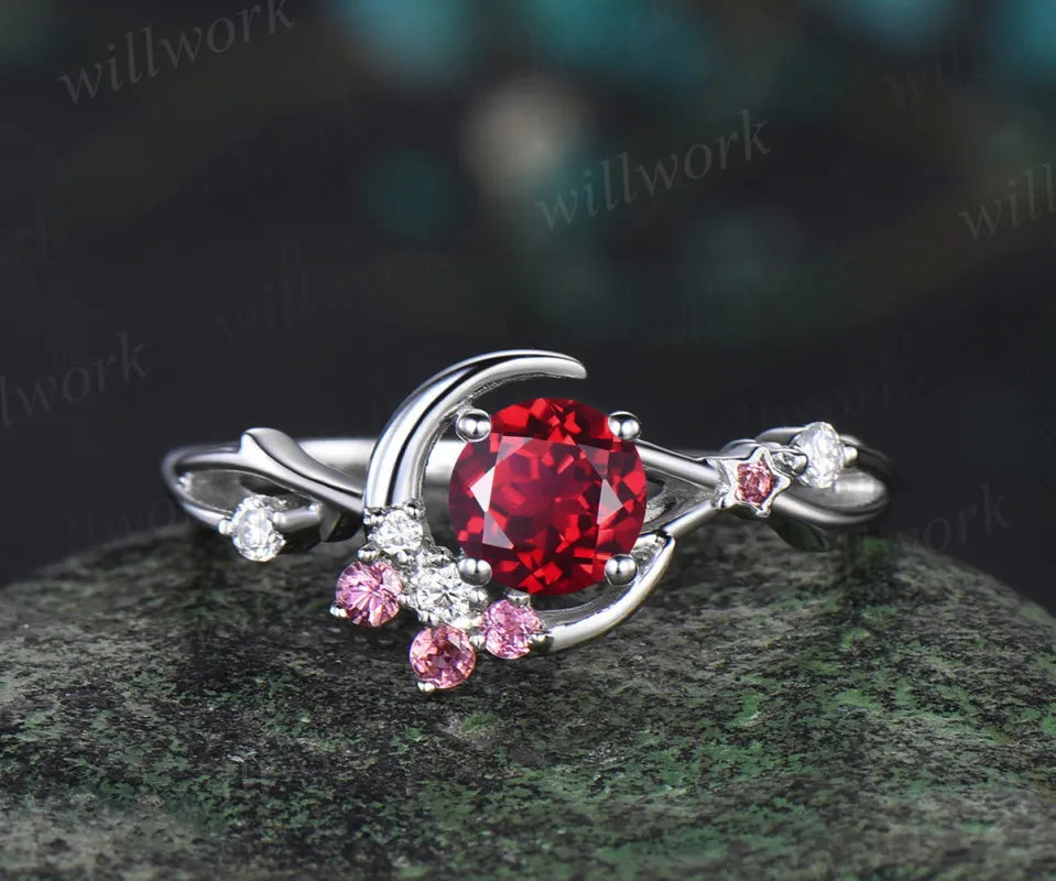 Vintage round ruby engagement ring moon star twig ring pink tourmaline diamond cluster ring nature inspired jewelry sold by Willwork Jewelry