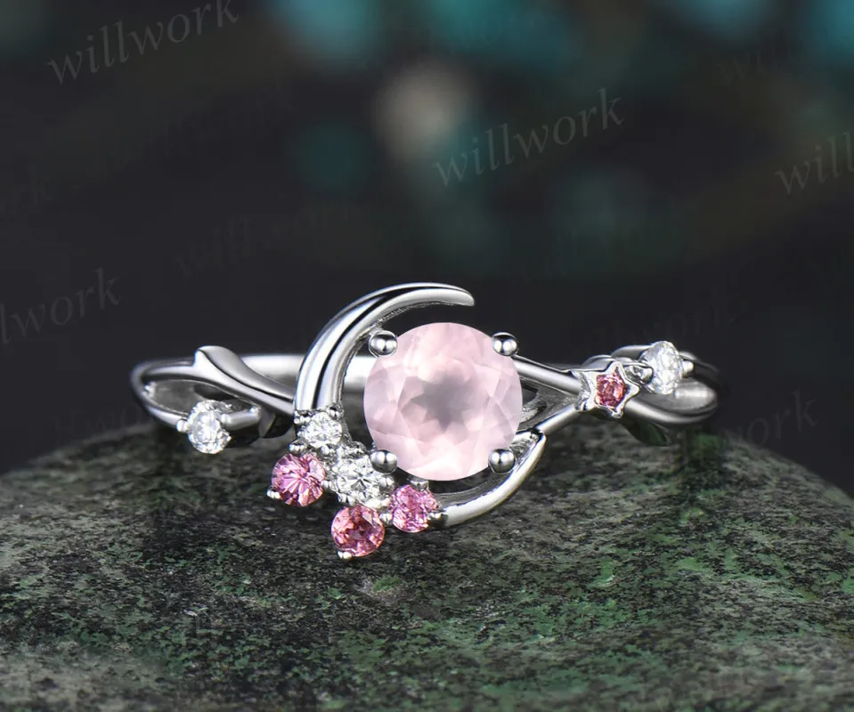 Vintage round rose quartz engagement ring moon star twig Ring pink tourmaline diamond cluster ring promise anniversary gifts sold by Willwork Jewelry