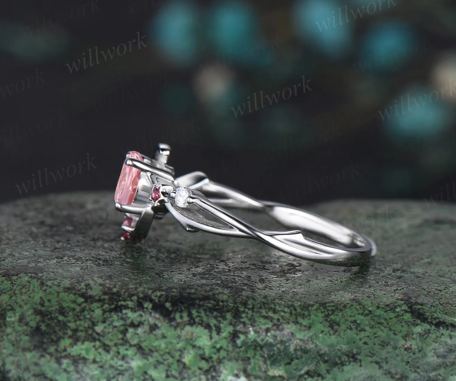5mm round Padparadscha sapphire engagement ring moon star twig Ring pink tourmaline diamond cluster ring gifts for her sold by Willwork Jewelry product image thumbnail 5